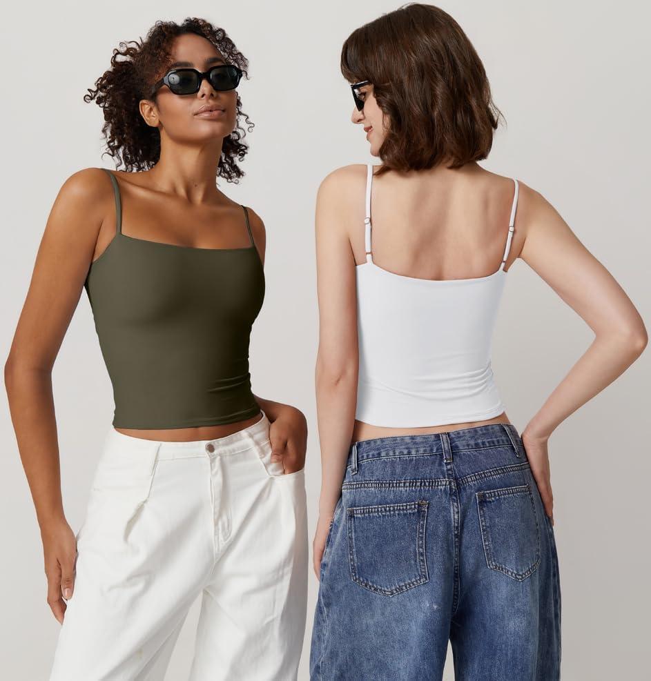 imageQINSEN Womens Double Lined Basic Tank Top Adjustable Spaghetti Straps Sleeveless Camisole ShirtsWhite