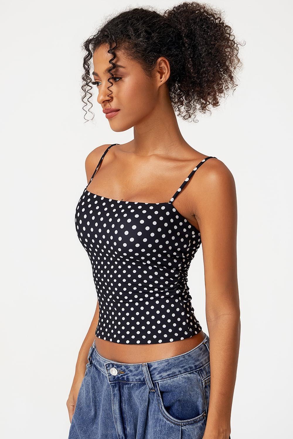imageQINSEN Womens Double Lined Basic Tank Top Adjustable Spaghetti Straps Sleeveless Camisole ShirtsWhite Polka Dots