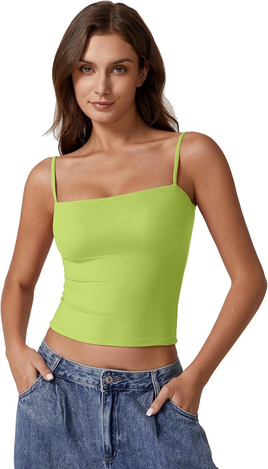 imageQINSEN Womens Double Lined Basic Tank Top Adjustable Spaghetti Straps Sleeveless Camisole ShirtsWild Lime