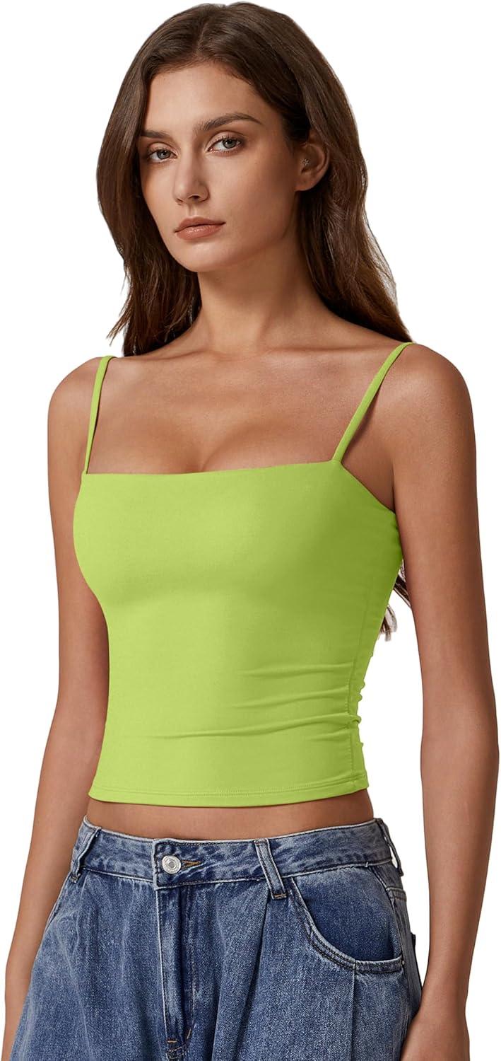 imageQINSEN Womens Double Lined Basic Tank Top Adjustable Spaghetti Straps Sleeveless Camisole ShirtsWild Lime