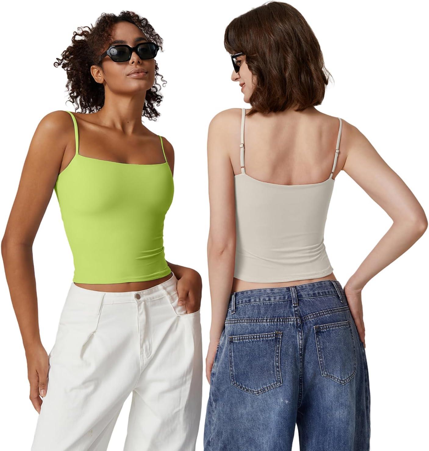 imageQINSEN Womens Double Lined Basic Tank Top Adjustable Spaghetti Straps Sleeveless Camisole ShirtsWild Lime