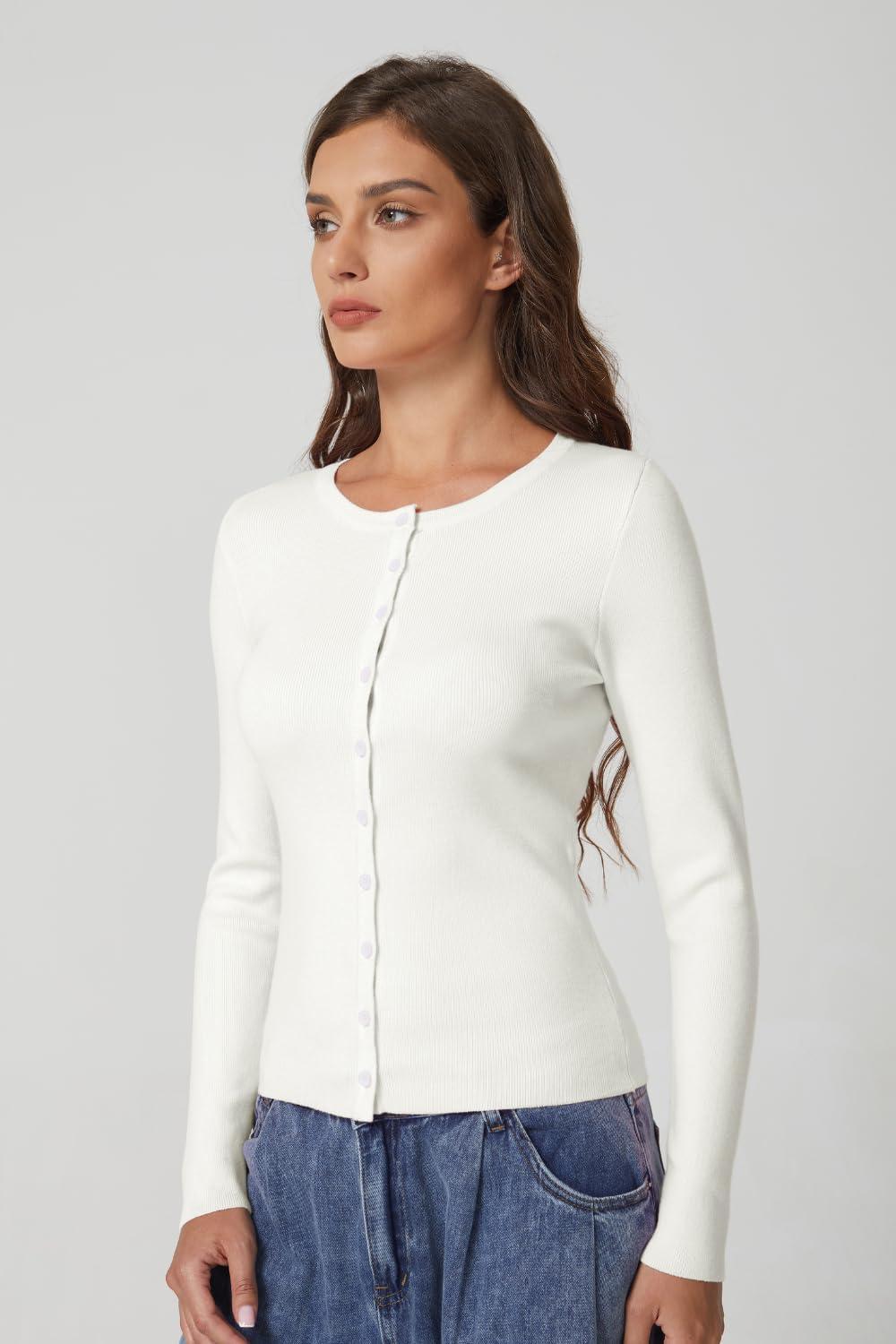 imageQINSEN Womens Long Sleeve Crewneck Cardigan Sweater Lightweight Button Down Knit Tops OuterwearBeige