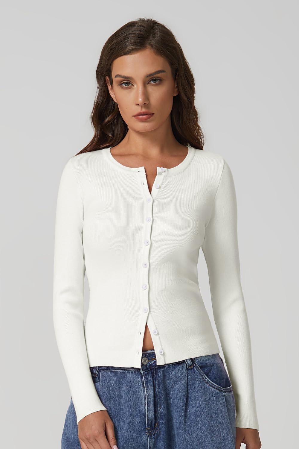 imageQINSEN Womens Long Sleeve Crewneck Cardigan Sweater Lightweight Button Down Knit Tops OuterwearBeige