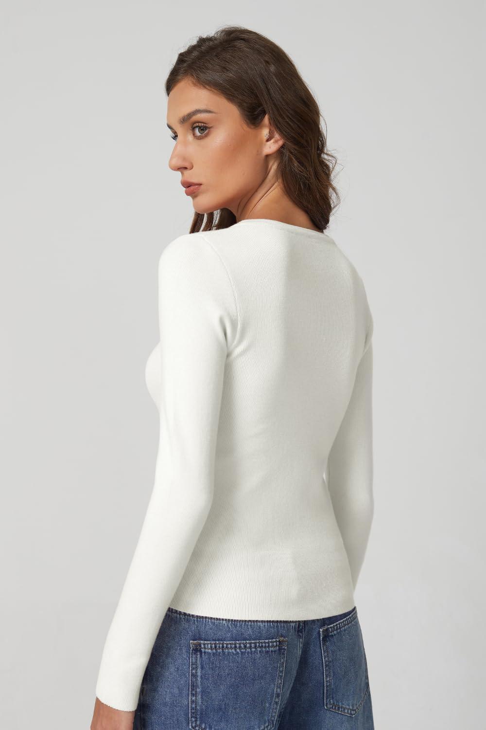 imageQINSEN Womens Long Sleeve Crewneck Cardigan Sweater Lightweight Button Down Knit Tops OuterwearBeige