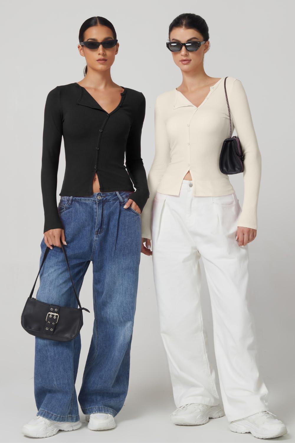 imageQINSEN Womens Long Sleeve Ribbed Crewneck Shirts Upper Button Fastening Going Out TopsBlack
