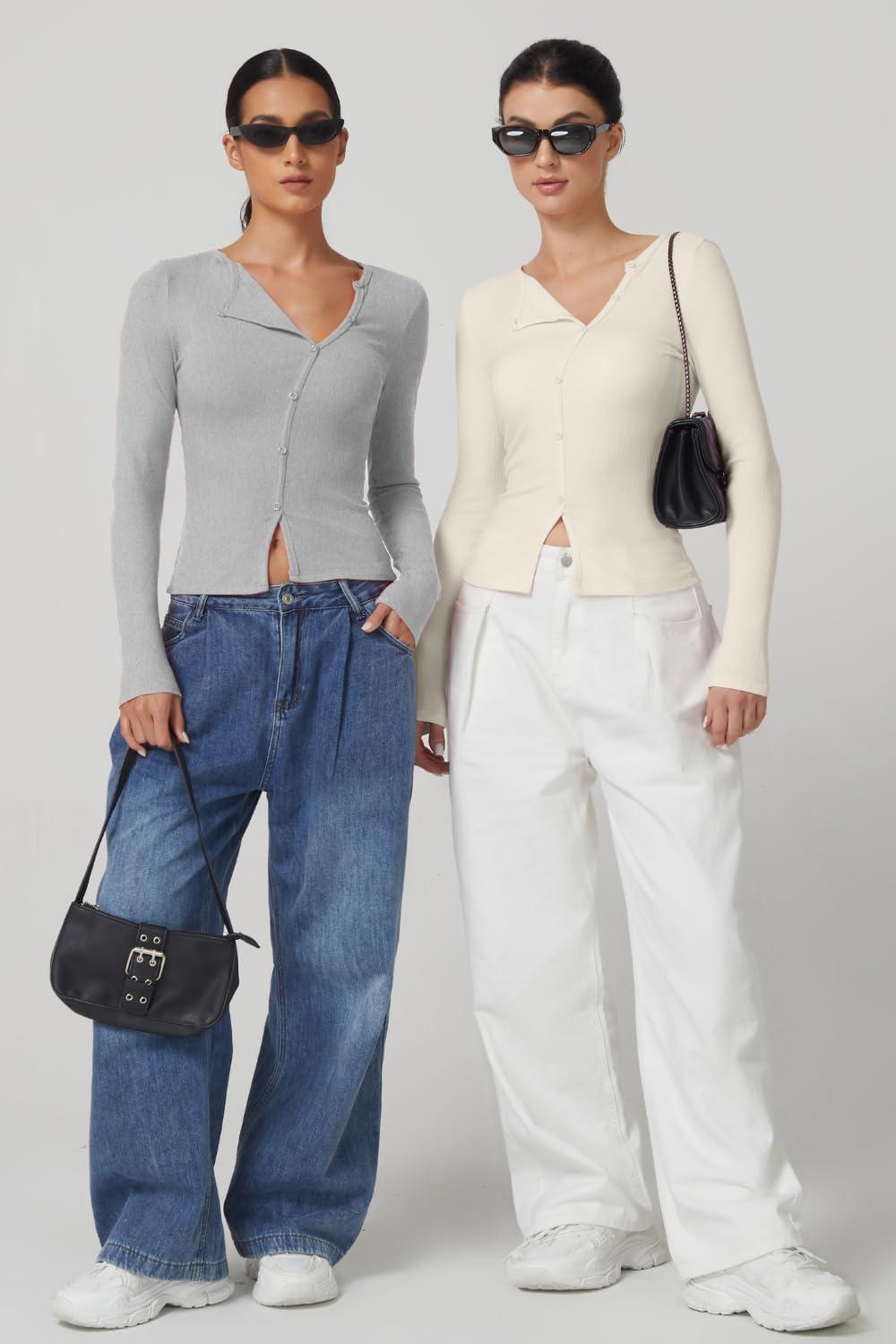 imageQINSEN Womens Long Sleeve Ribbed Crewneck Shirts Upper Button Fastening Going Out TopsSplashed White