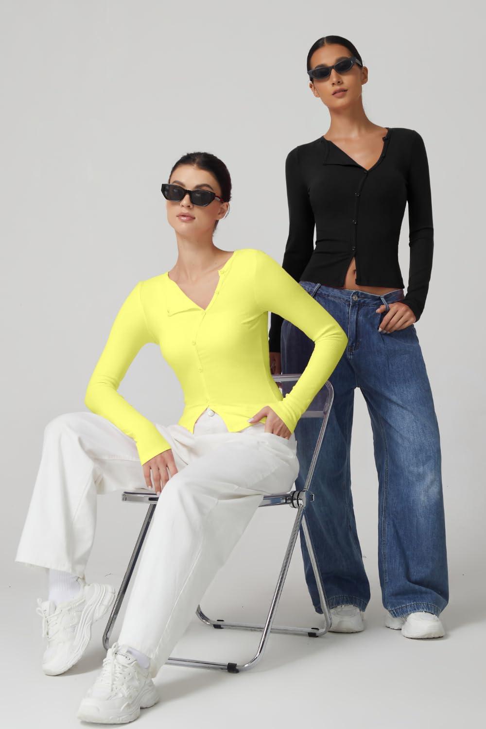 imageQINSEN Womens Long Sleeve Ribbed Crewneck Shirts Upper Button Fastening Going Out TopsYellow