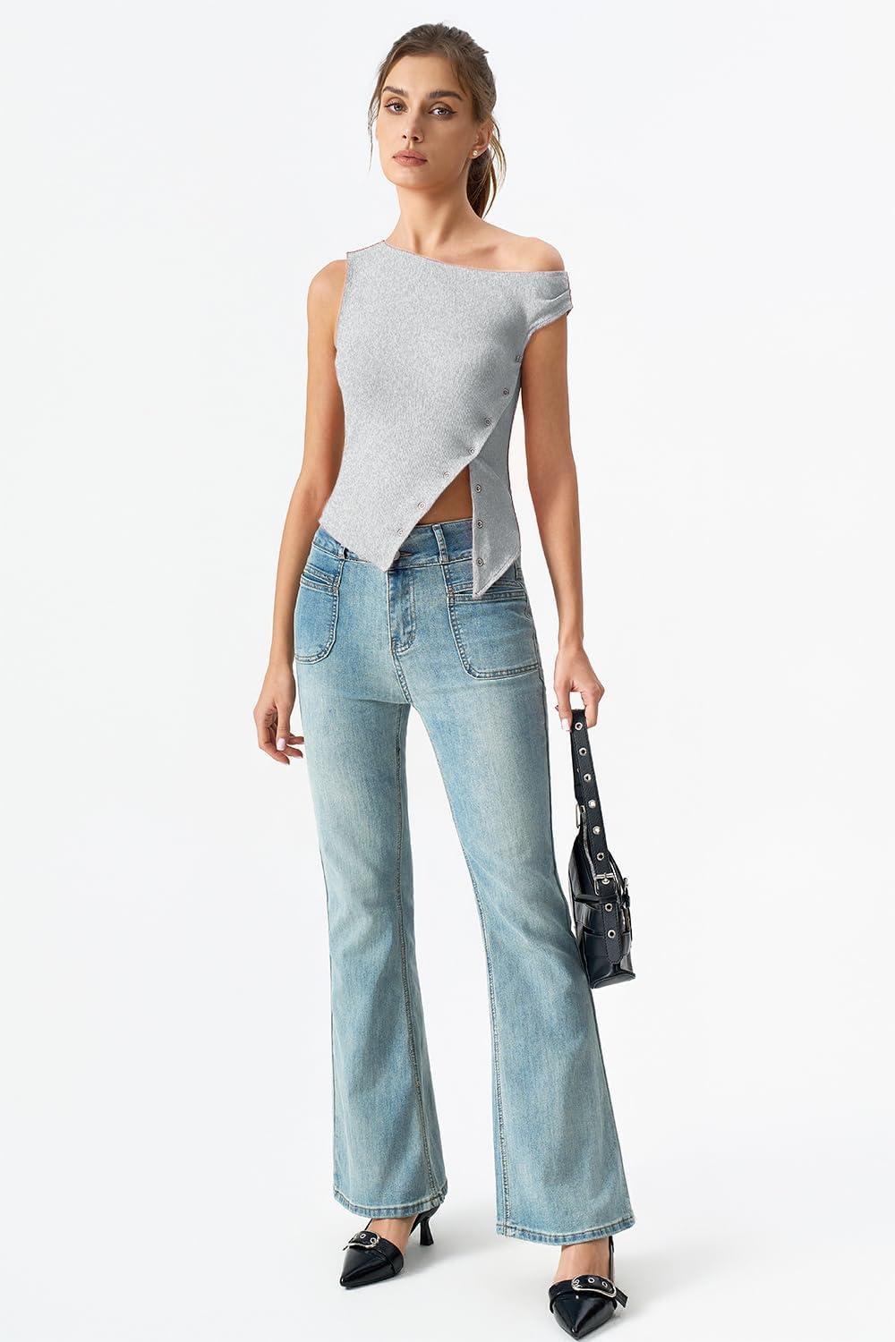 imageQINSEN Womens Off Shoulder Asymmetrical Tops Diagonal Buttonup Closure Split Hem Cropped T Shirts Y2k Tank TopGrey
