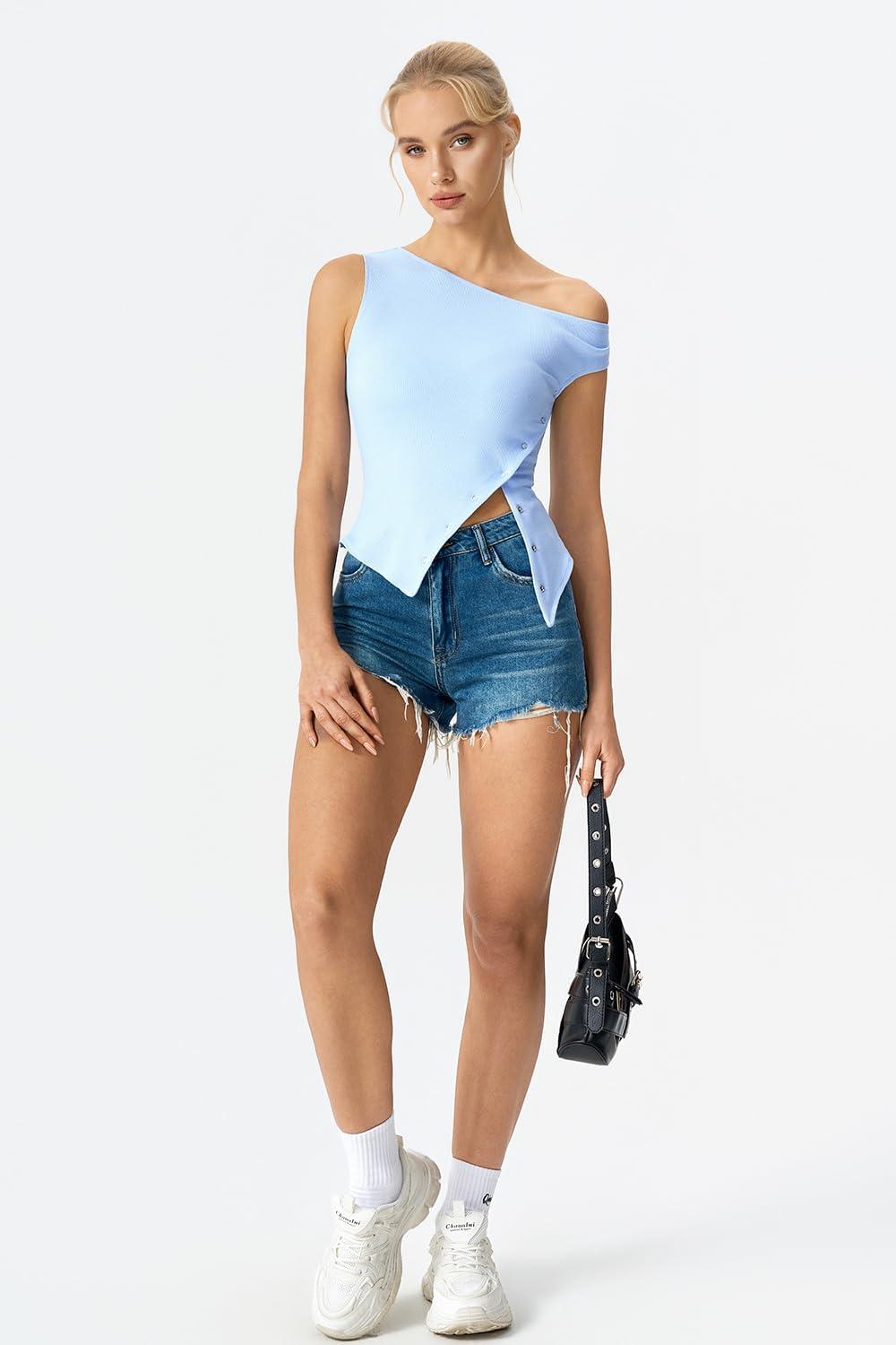 imageQINSEN Womens Off Shoulder Asymmetrical Tops Diagonal Buttonup Closure Split Hem Cropped T Shirts Y2k Tank TopLight Blue