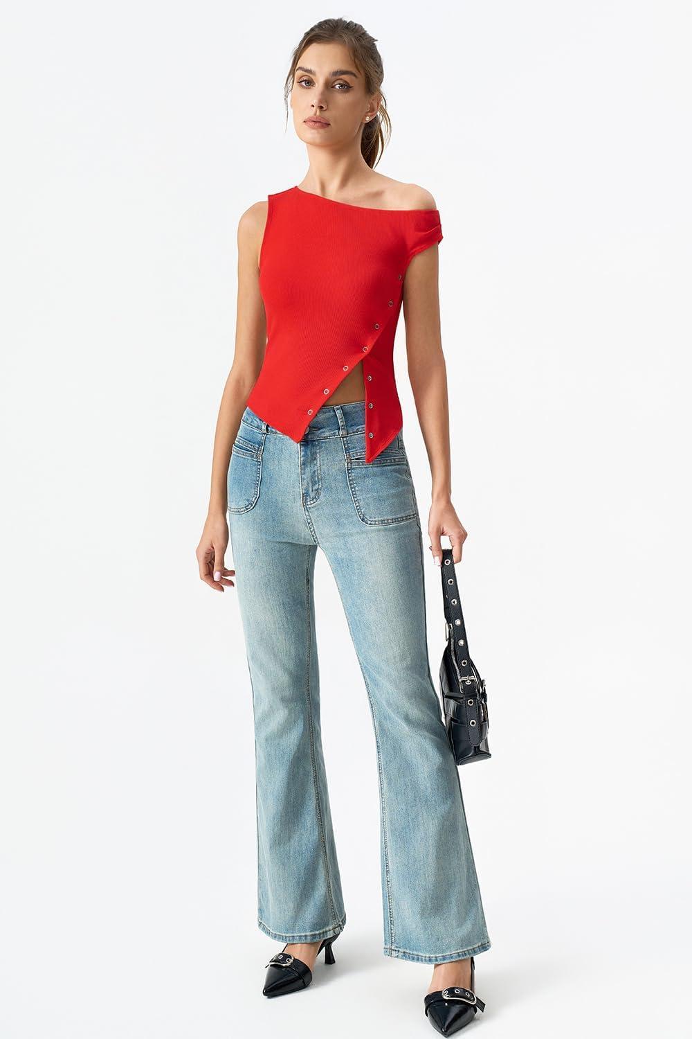 imageQINSEN Womens Off Shoulder Asymmetrical Tops Diagonal Buttonup Closure Split Hem Cropped T Shirts Y2k Tank TopRed