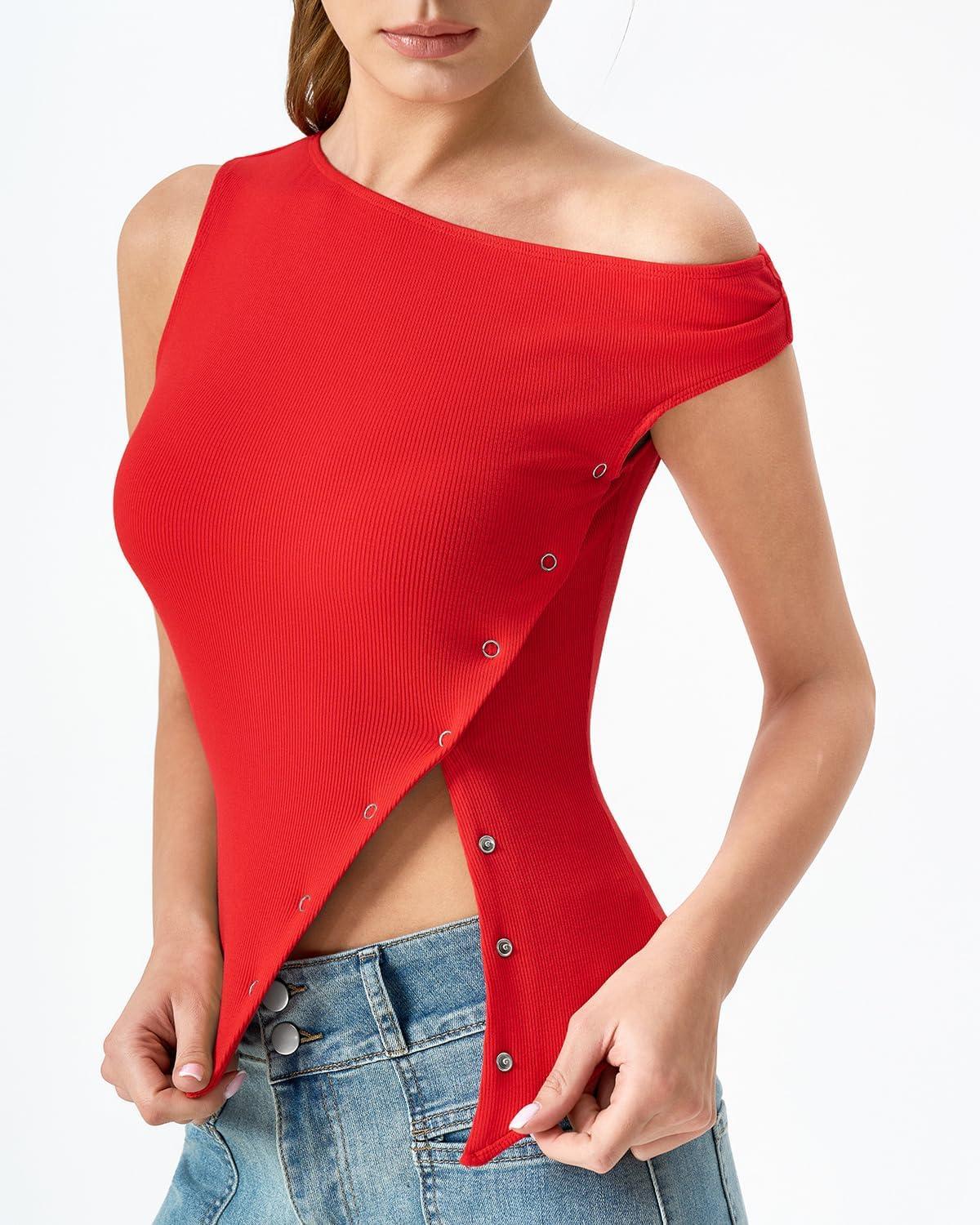 imageQINSEN Womens Off Shoulder Asymmetrical Tops Diagonal Buttonup Closure Split Hem Cropped T Shirts Y2k Tank TopRed