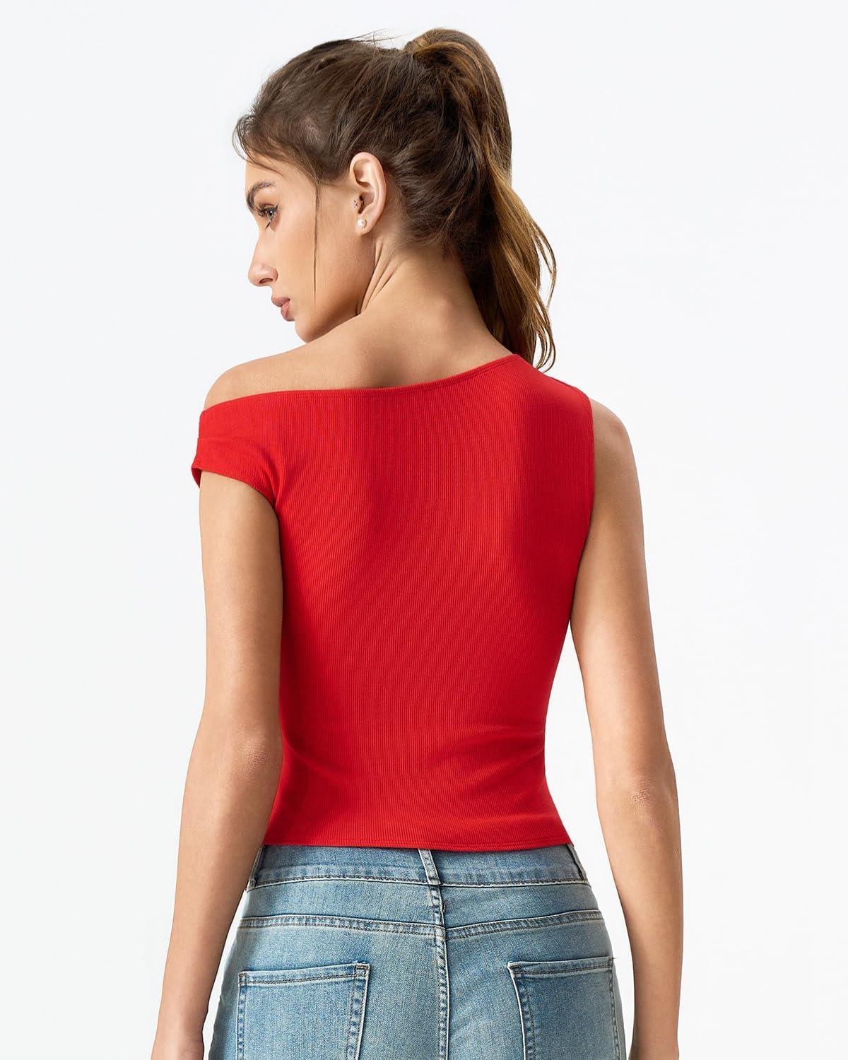 imageQINSEN Womens Off Shoulder Asymmetrical Tops Diagonal Buttonup Closure Split Hem Cropped T Shirts Y2k Tank TopRed