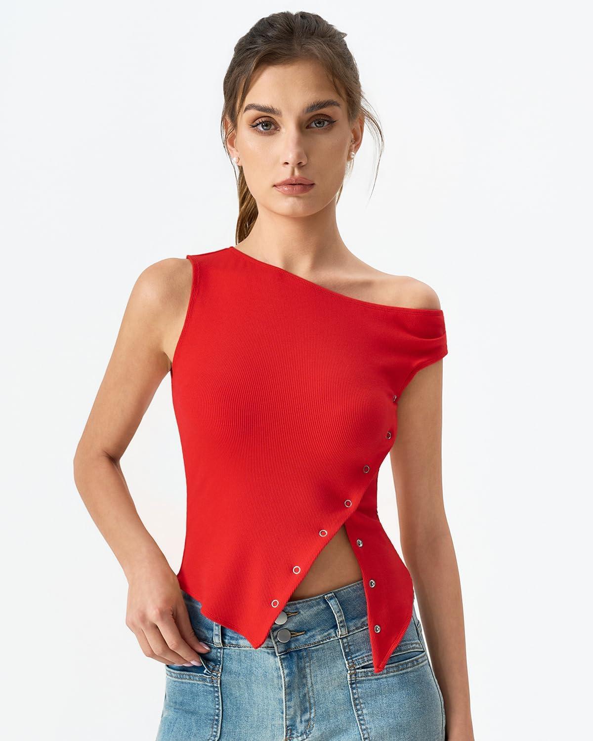 imageQINSEN Womens Off Shoulder Asymmetrical Tops Diagonal Buttonup Closure Split Hem Cropped T Shirts Y2k Tank TopRed