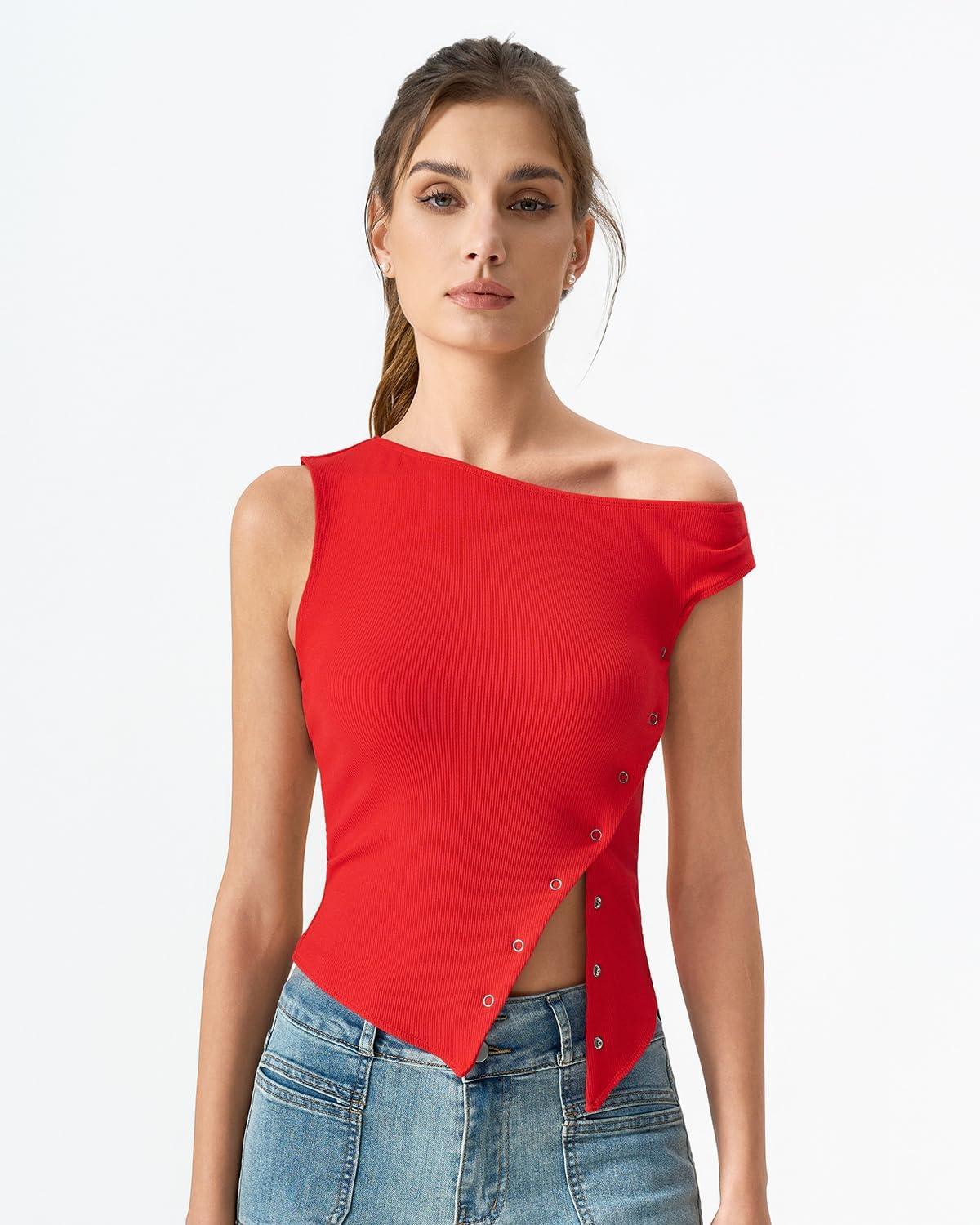 imageQINSEN Womens Off Shoulder Asymmetrical Tops Diagonal Buttonup Closure Split Hem Cropped T Shirts Y2k Tank TopRed
