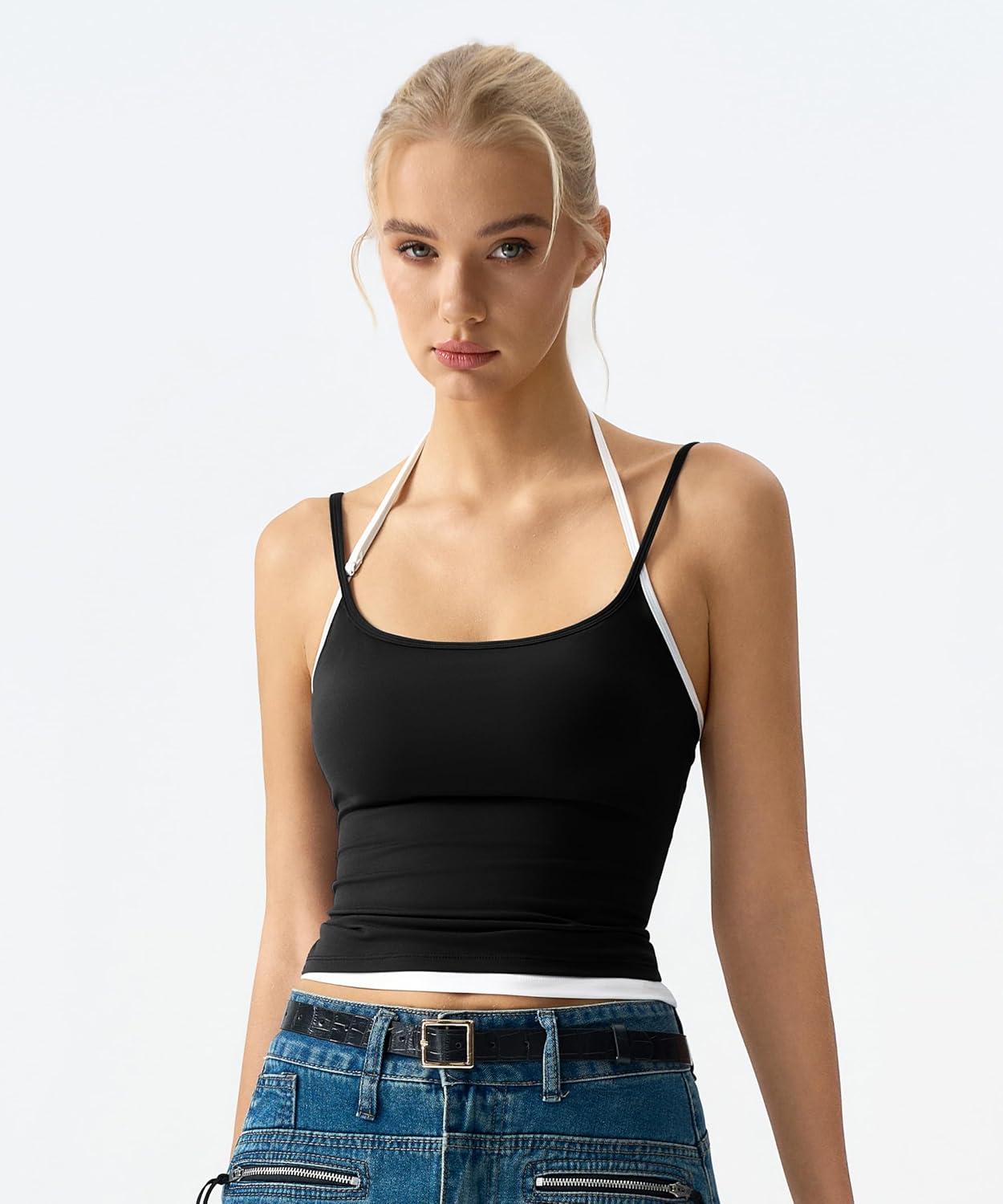 imageQINSEN Womens Spaghetti Strap Tank Top Slim Fitting Layered Halter Neck Sleeveless Cami ShirtBlack