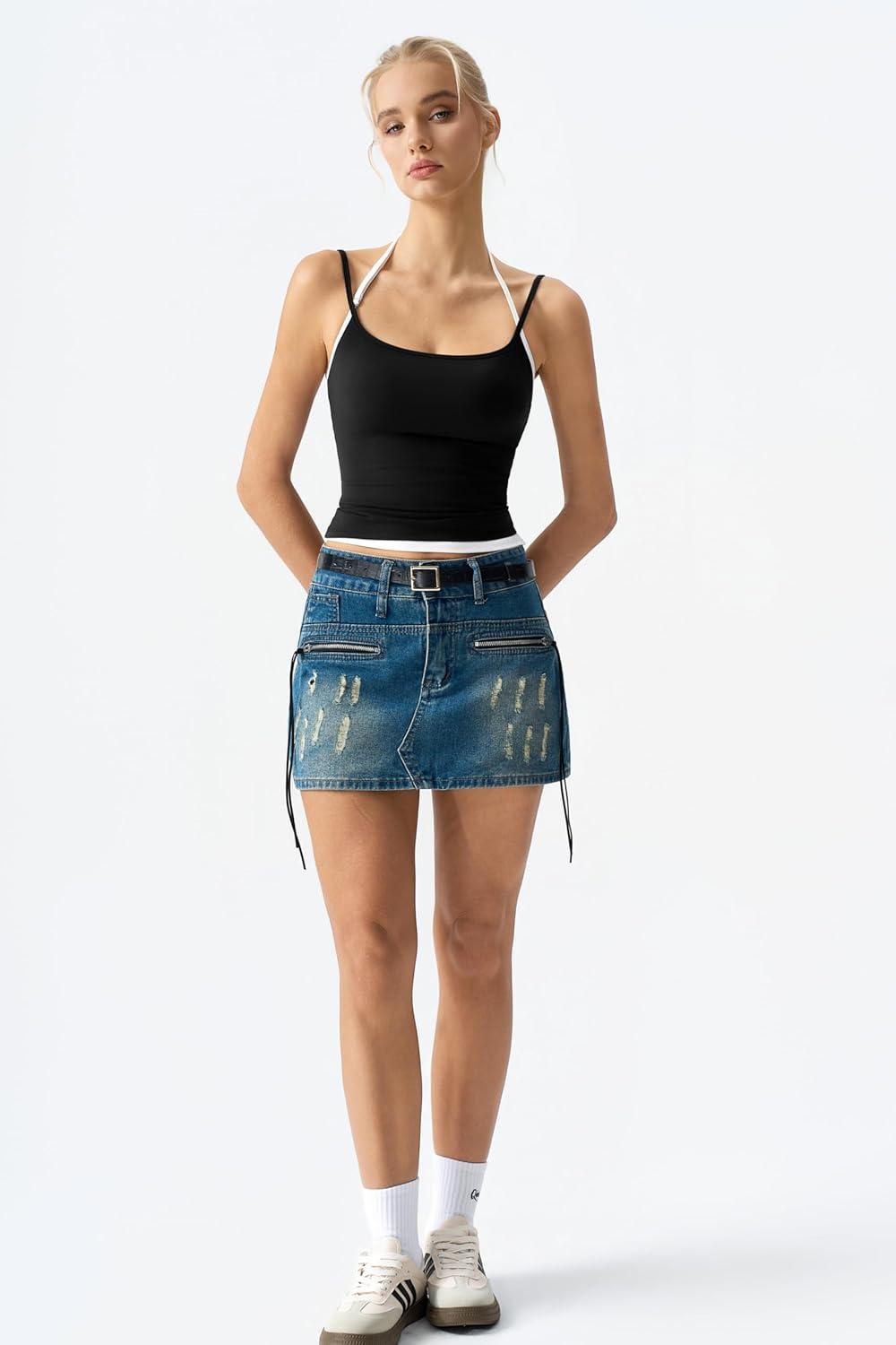 imageQINSEN Womens Spaghetti Strap Tank Top Slim Fitting Layered Halter Neck Sleeveless Cami ShirtBlack