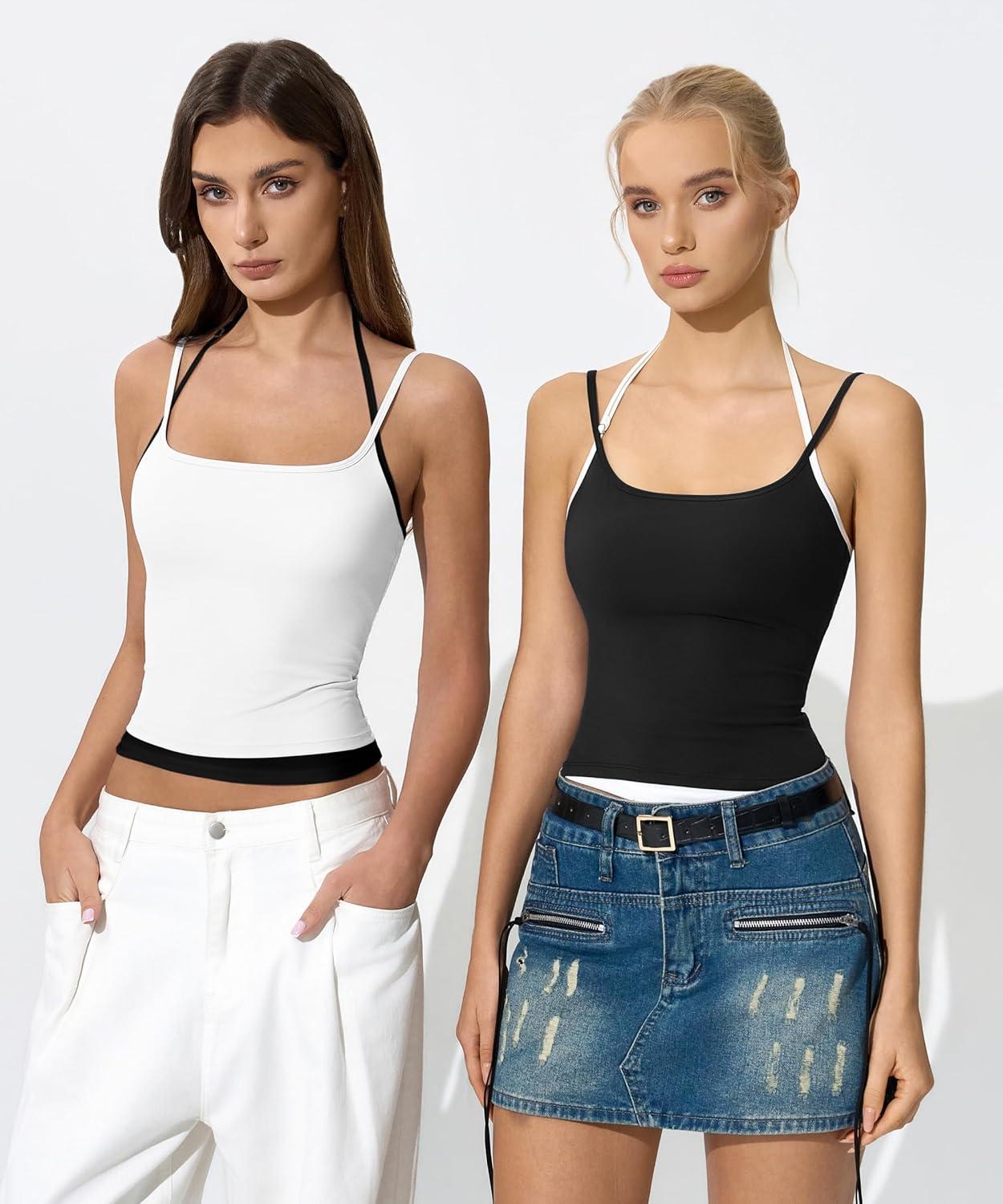 imageQINSEN Womens Spaghetti Strap Tank Top Slim Fitting Layered Halter Neck Sleeveless Cami ShirtBlack