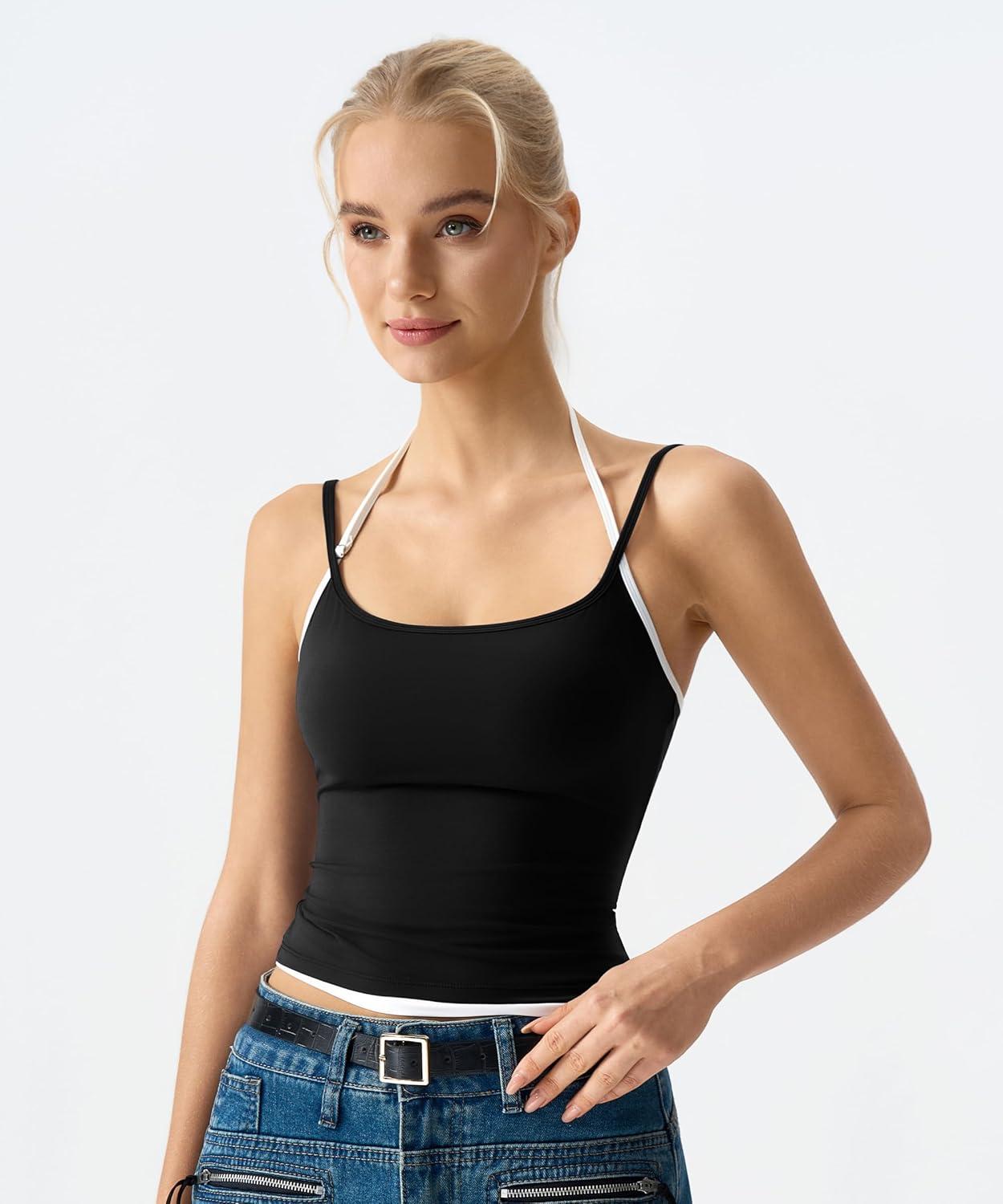 imageQINSEN Womens Spaghetti Strap Tank Top Slim Fitting Layered Halter Neck Sleeveless Cami ShirtBlack