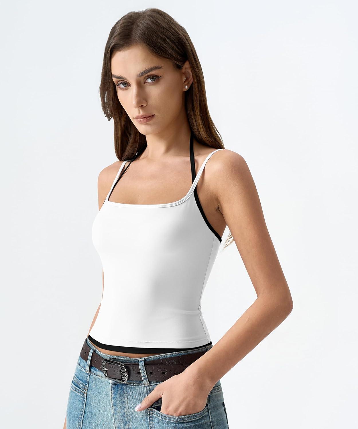 imageQINSEN Womens Spaghetti Strap Tank Top Slim Fitting Layered Halter Neck Sleeveless Cami ShirtWhite