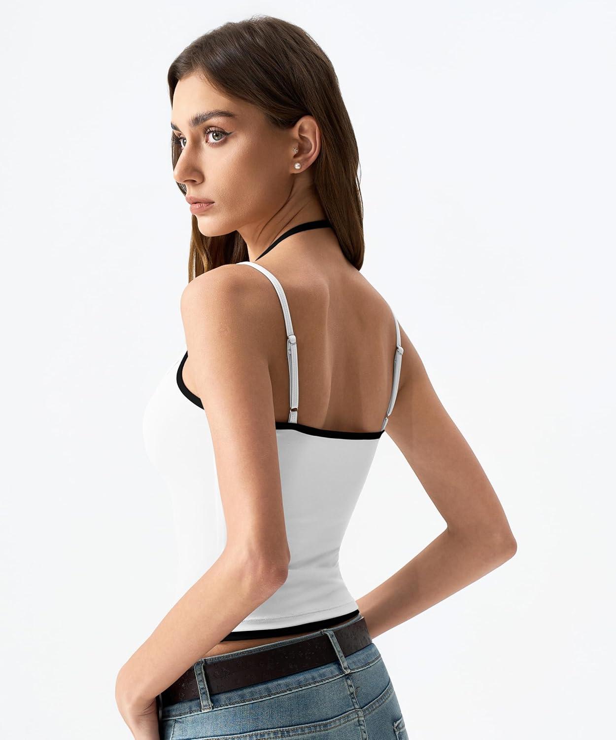imageQINSEN Womens Spaghetti Strap Tank Top Slim Fitting Layered Halter Neck Sleeveless Cami ShirtWhite
