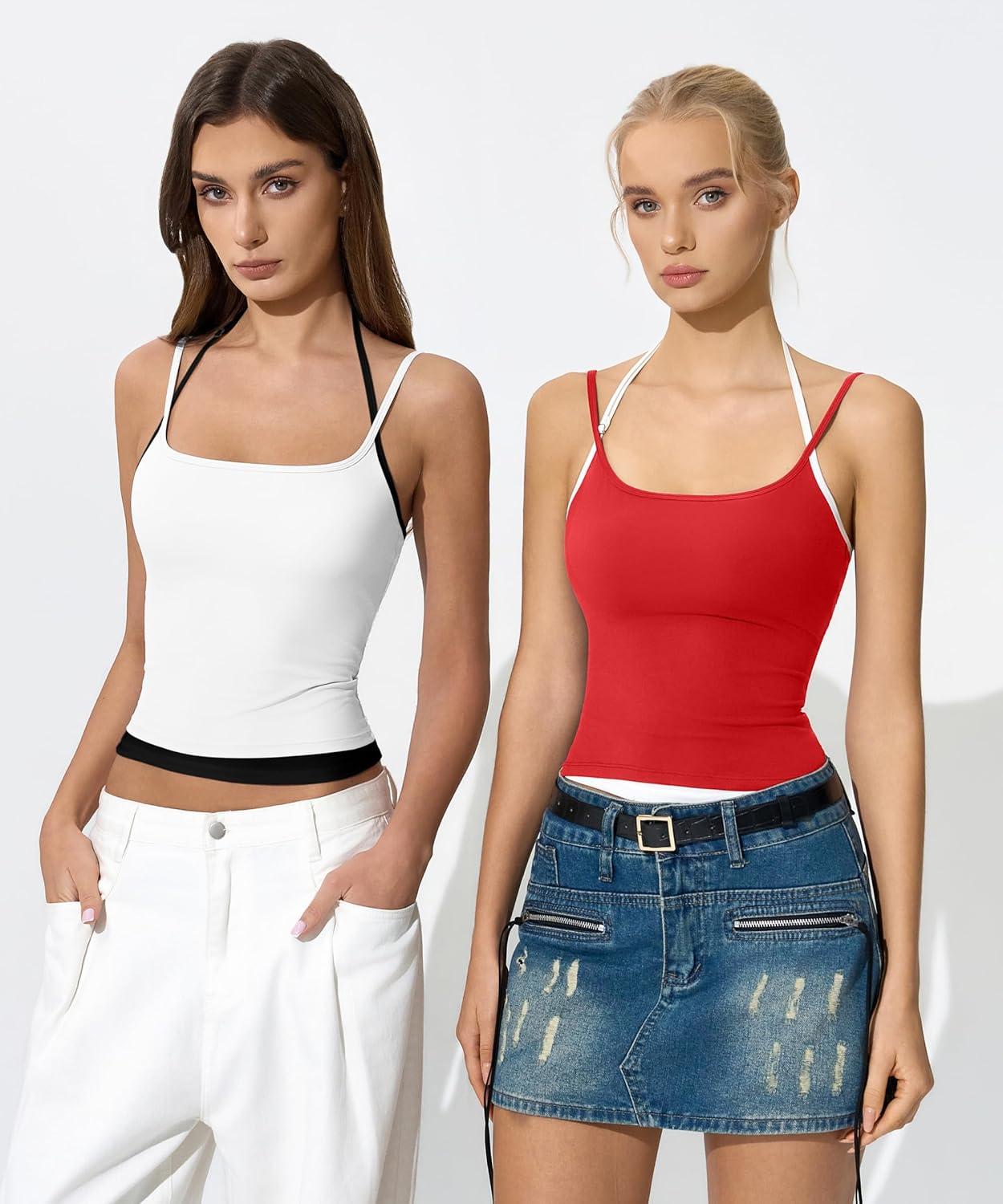 imageQINSEN Womens Spaghetti Strap Tank Top Slim Fitting Layered Halter Neck Sleeveless Cami ShirtWhite