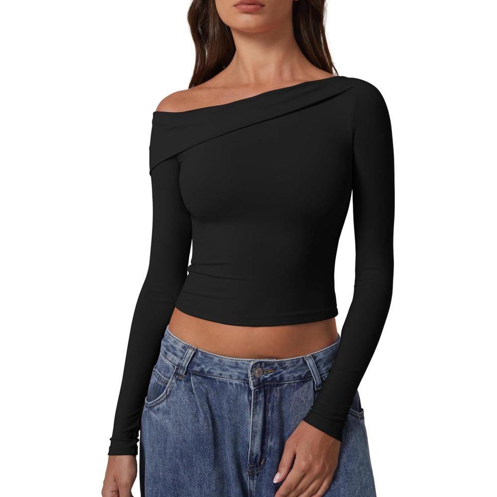 imageQINSEN Women Long Sleeve Off Shoulder Tops Trendy Double Lined Going Out Shirt for FallBlack