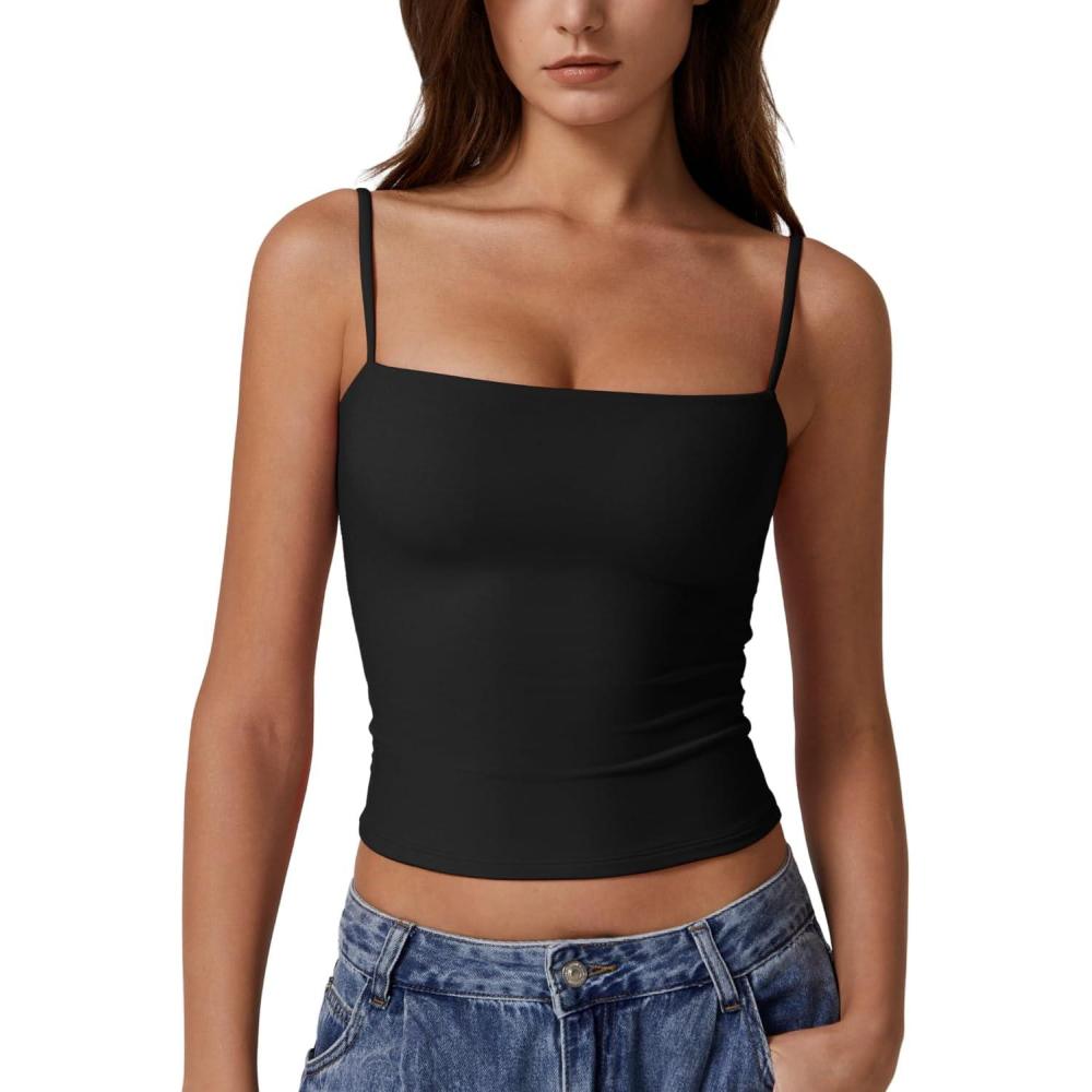 imageQINSEN Womens Double Lined Basic Tank Top Adjustable Spaghetti Straps Sleeveless Camisole ShirtsBlack