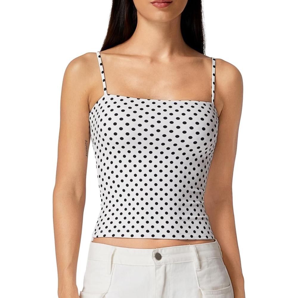imageQINSEN Womens Double Lined Basic Tank Top Adjustable Spaghetti Straps Sleeveless Camisole ShirtsBlack Polka Dots