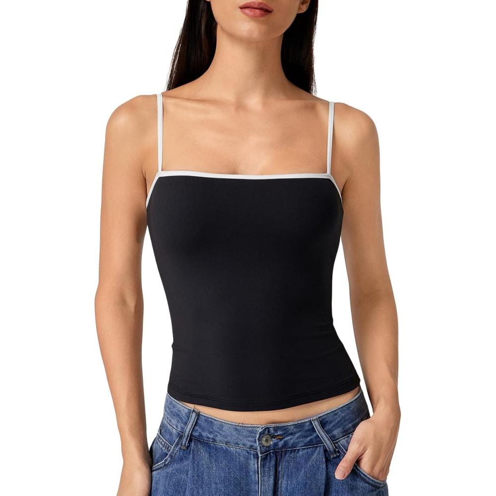 imageQINSEN Womens Double Lined Basic Tank Top Adjustable Spaghetti Straps Sleeveless Camisole ShirtsBlackwhite