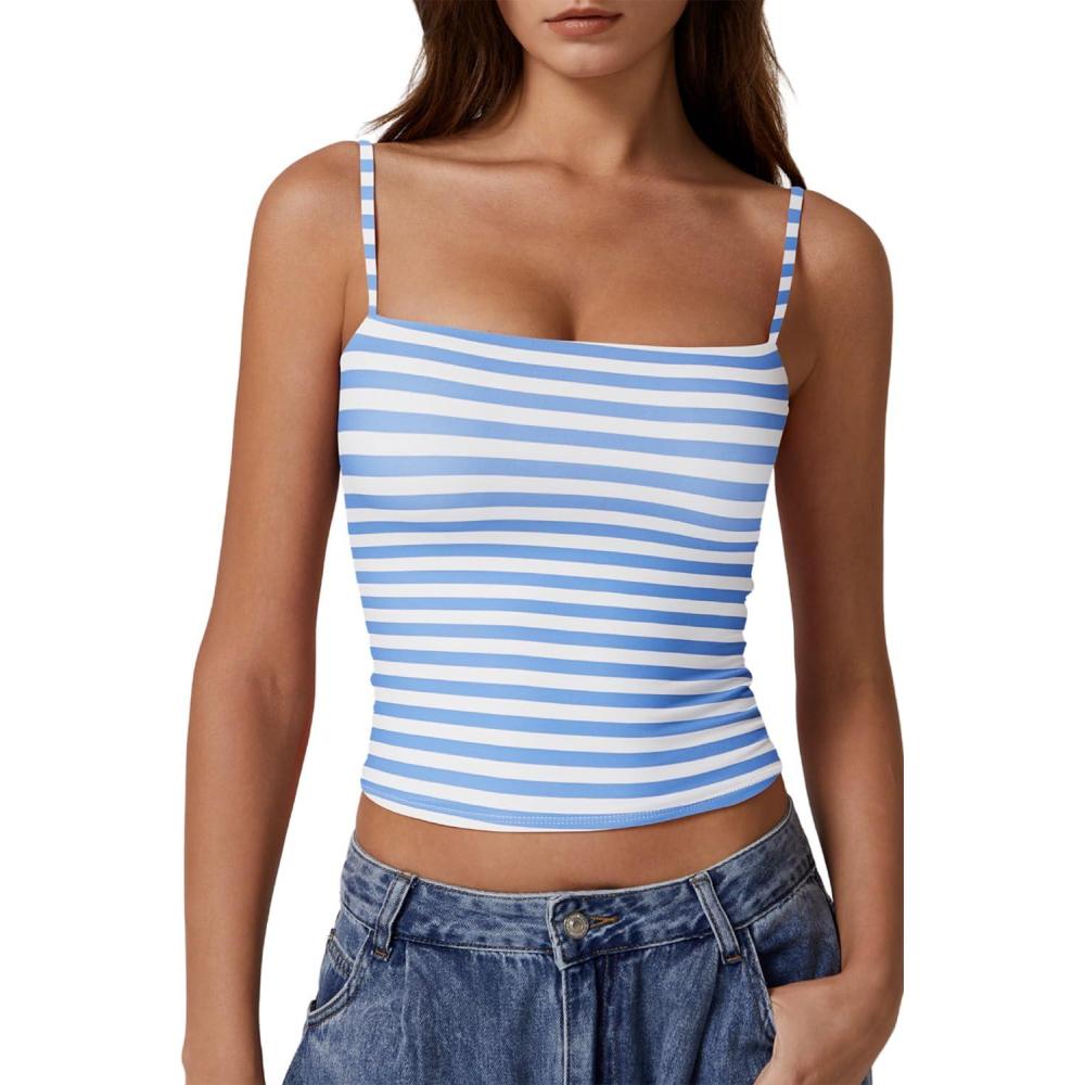 imageQINSEN Womens Double Lined Basic Tank Top Adjustable Spaghetti Straps Sleeveless Camisole ShirtsBlue Stripe