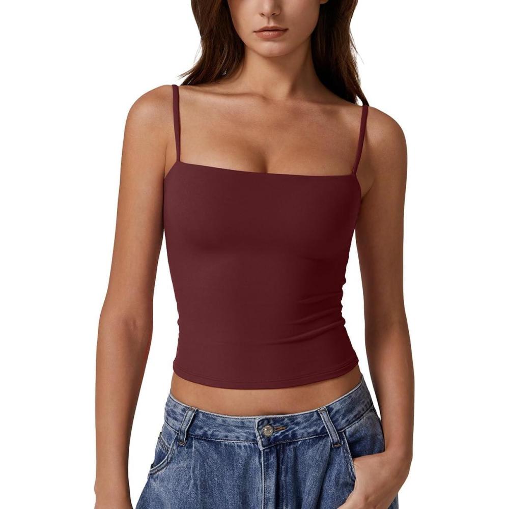 imageQINSEN Womens Double Lined Basic Tank Top Adjustable Spaghetti Straps Sleeveless Camisole ShirtsBurgundy