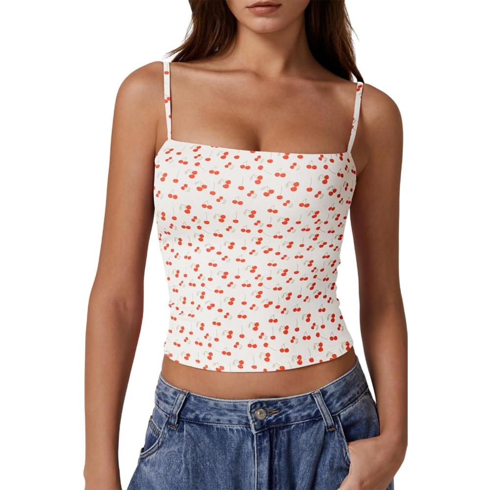 imageQINSEN Womens Double Lined Basic Tank Top Adjustable Spaghetti Straps Sleeveless Camisole ShirtsCherry