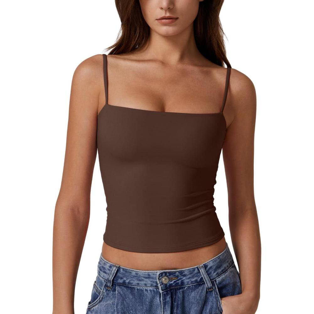 imageQINSEN Womens Double Lined Basic Tank Top Adjustable Spaghetti Straps Sleeveless Camisole ShirtsChestnut