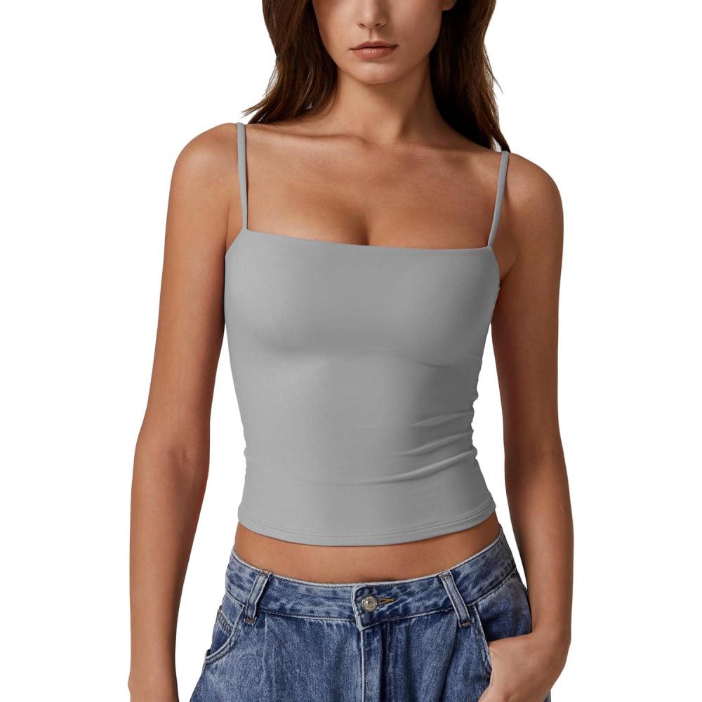 imageQINSEN Womens Double Lined Basic Tank Top Adjustable Spaghetti Straps Sleeveless Camisole ShirtsGrey