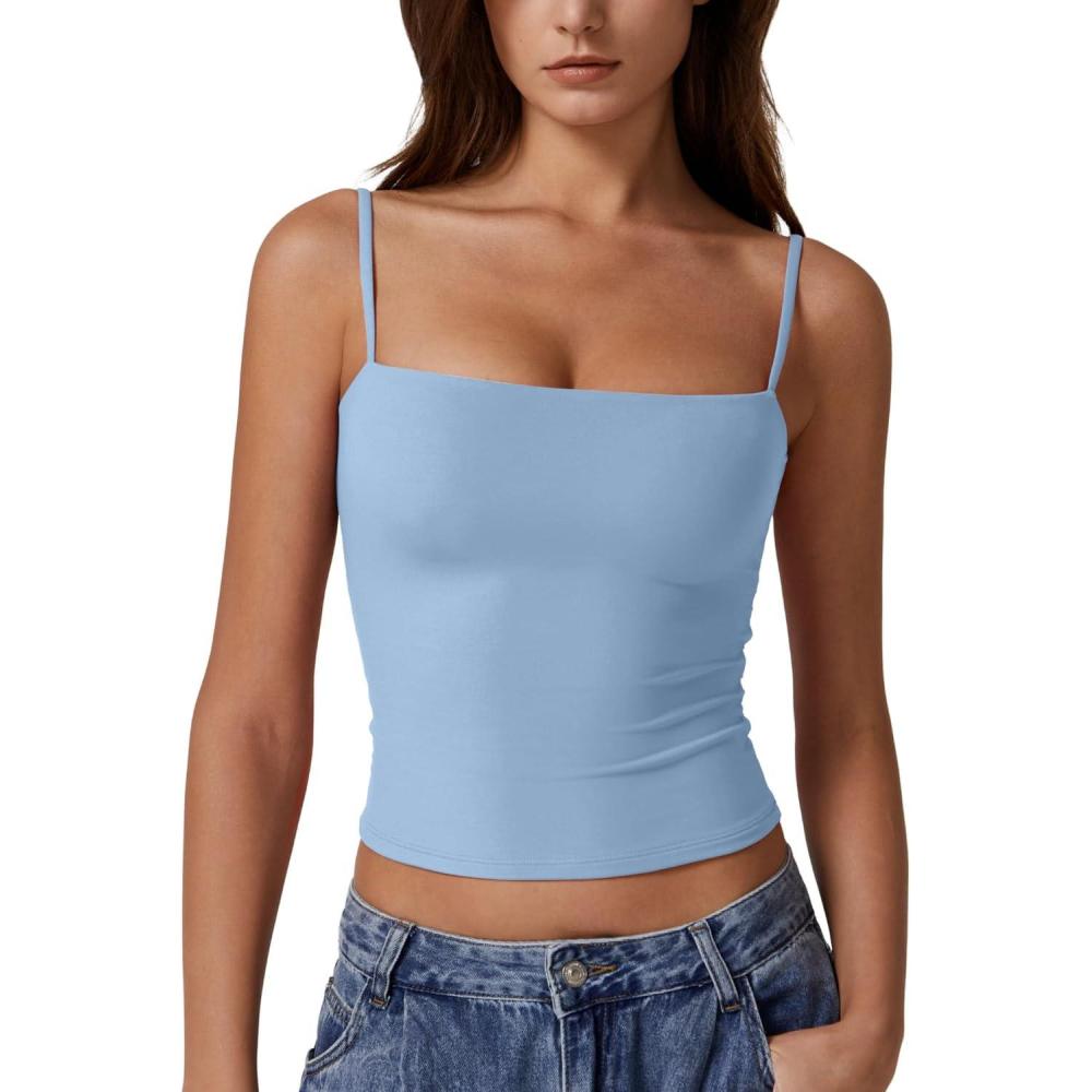 imageQINSEN Womens Double Lined Basic Tank Top Adjustable Spaghetti Straps Sleeveless Camisole ShirtsLight Blue