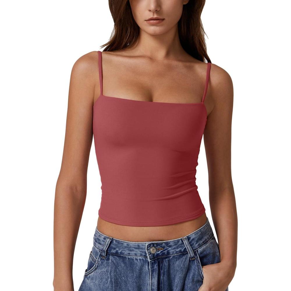 imageQINSEN Womens Double Lined Basic Tank Top Adjustable Spaghetti Straps Sleeveless Camisole ShirtsMerlot