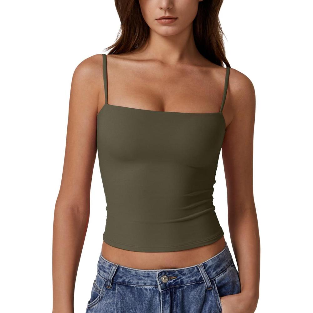 imageQINSEN Womens Double Lined Basic Tank Top Adjustable Spaghetti Straps Sleeveless Camisole ShirtsOlive Green