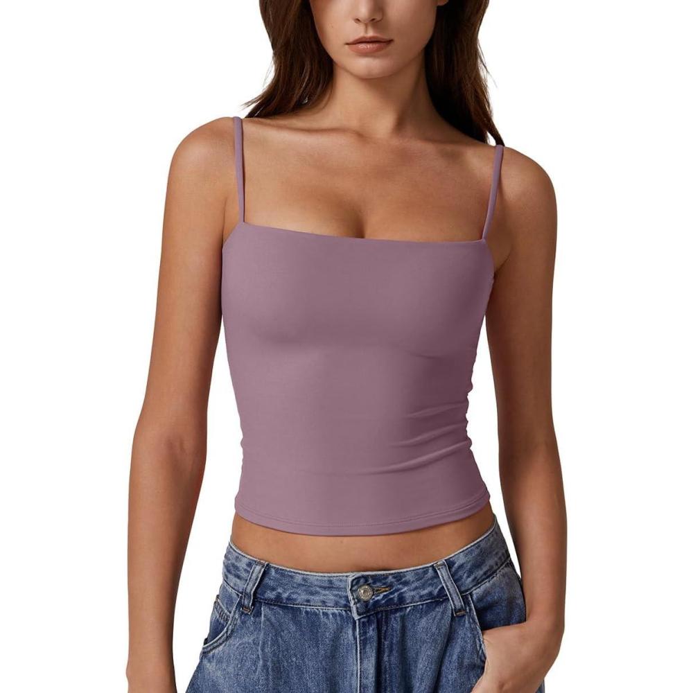 imageQINSEN Womens Double Lined Basic Tank Top Adjustable Spaghetti Straps Sleeveless Camisole ShirtsPale Violet Red