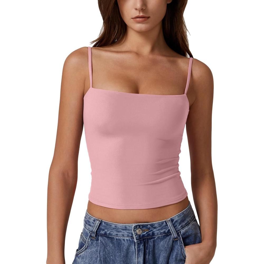 imageQINSEN Womens Double Lined Basic Tank Top Adjustable Spaghetti Straps Sleeveless Camisole ShirtsPink