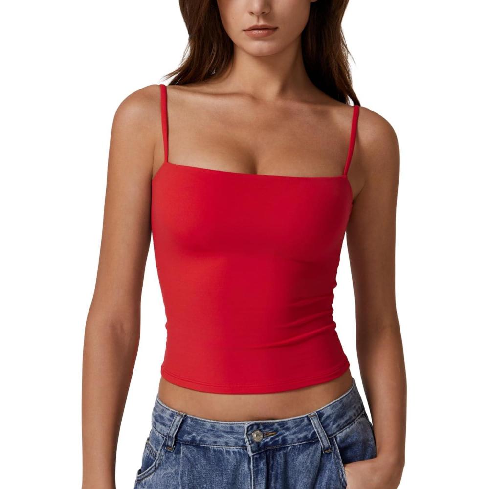 imageQINSEN Womens Double Lined Basic Tank Top Adjustable Spaghetti Straps Sleeveless Camisole ShirtsRed