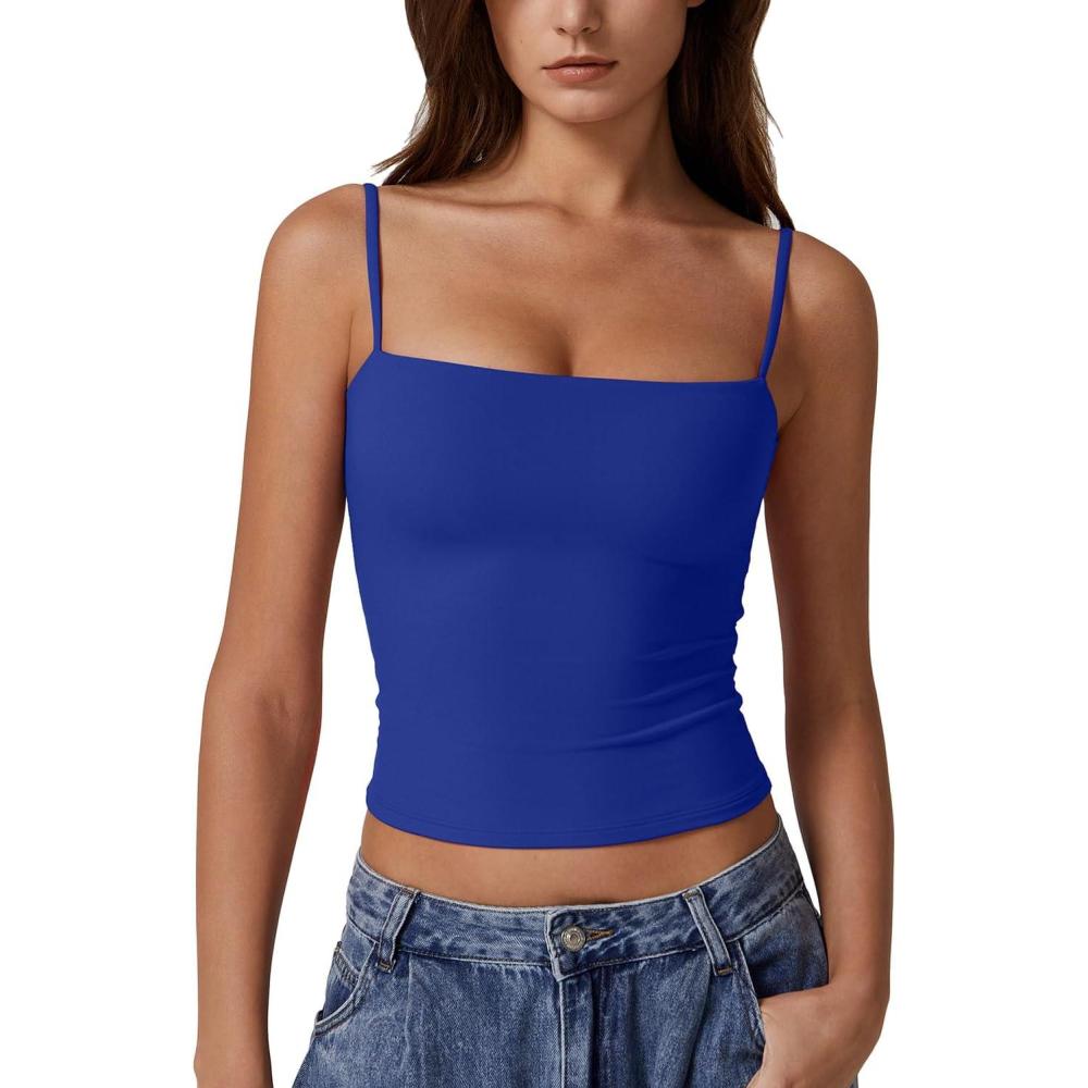 imageQINSEN Womens Double Lined Basic Tank Top Adjustable Spaghetti Straps Sleeveless Camisole ShirtsSapphire