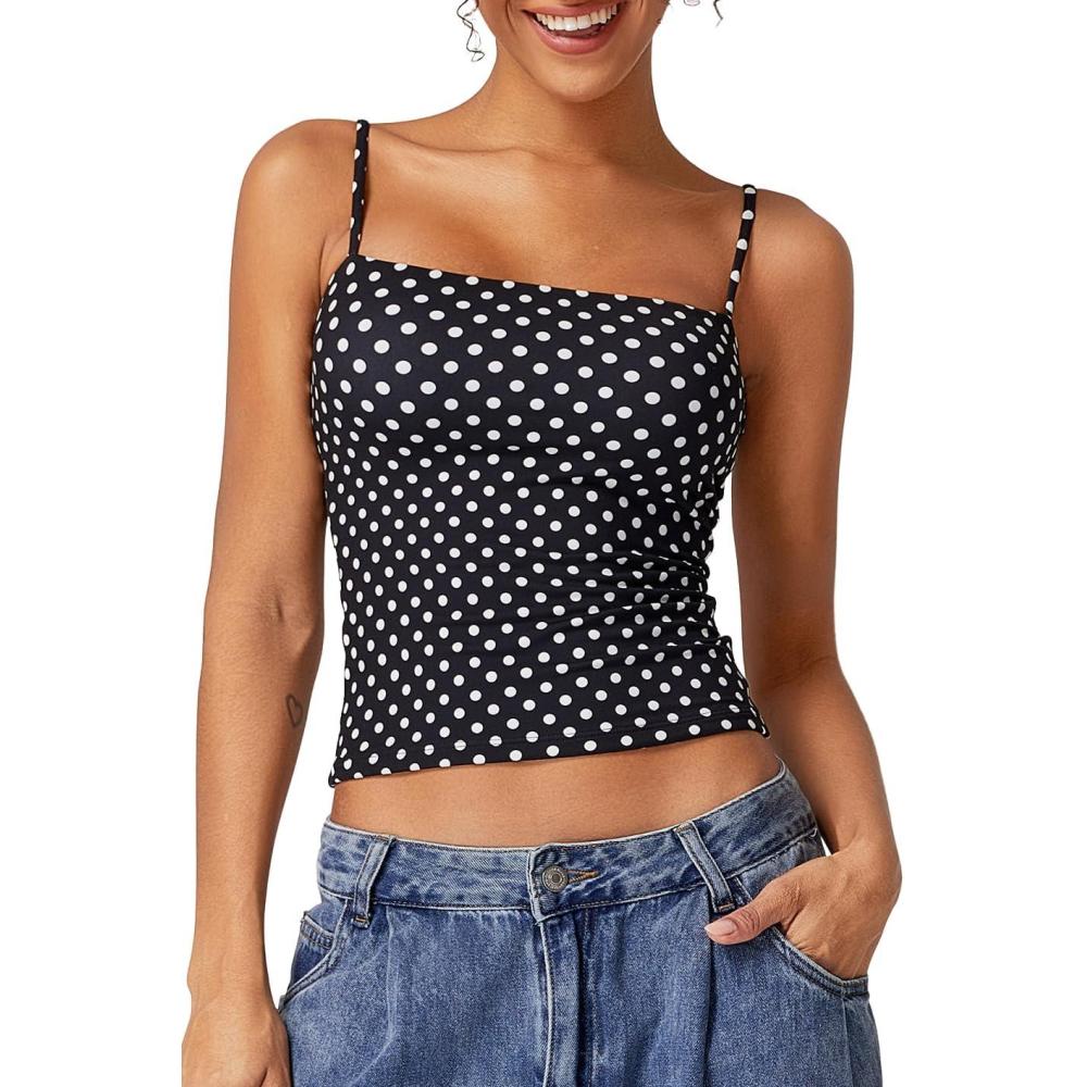 imageQINSEN Womens Double Lined Basic Tank Top Adjustable Spaghetti Straps Sleeveless Camisole ShirtsWhite Polka Dots