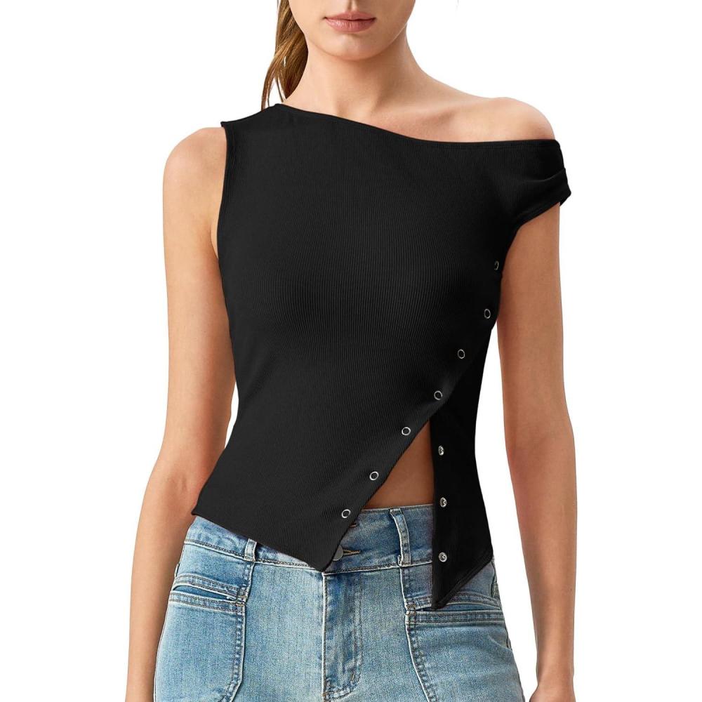 imageQINSEN Womens Off Shoulder Asymmetrical Tops Diagonal Buttonup Closure Split Hem Cropped T Shirts Y2k Tank TopBlack