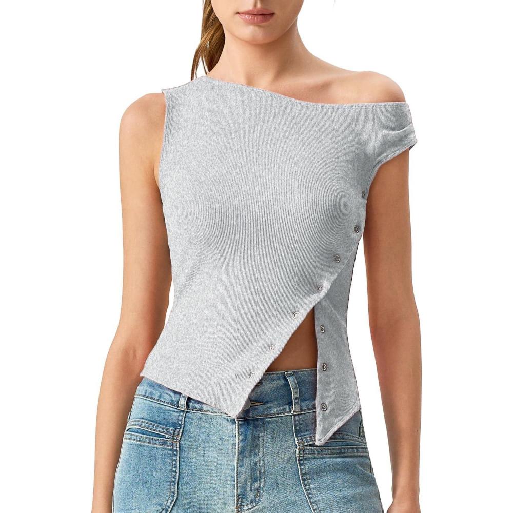 imageQINSEN Womens Off Shoulder Asymmetrical Tops Diagonal Buttonup Closure Split Hem Cropped T Shirts Y2k Tank TopGrey