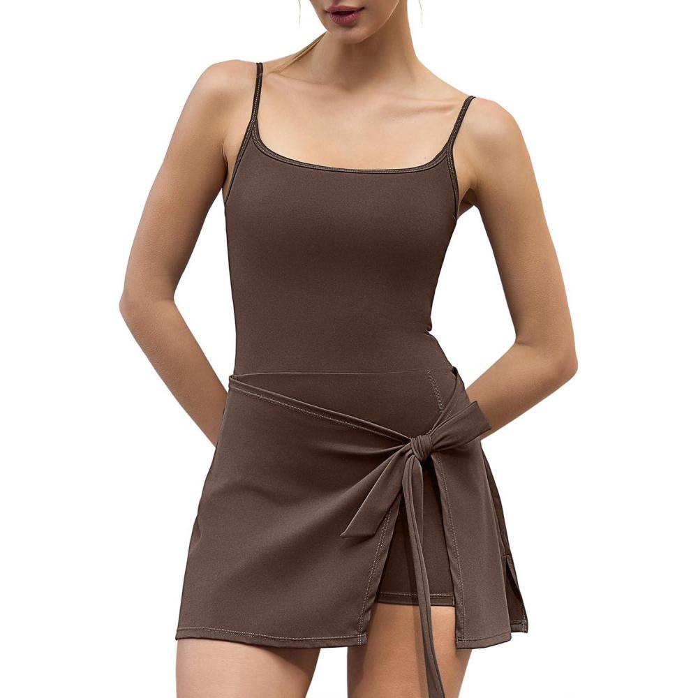 imageQINSEN Womens Sexy Square Neck Jumpsuit Sleeveless Wrap Shorts Romper One Piece Outfits with PocketsCoffee Bean