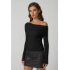 QINSEN Womens Asymmetrical Neck Sweater Slim Fit Long Sleeve Knit Pullover Top(Black)