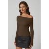 QINSEN Womens Asymmetrical Neck Sweater Slim Fit Long Sleeve Knit Pullover Top(Brown)