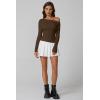 QINSEN Womens Asymmetrical Neck Sweater Slim Fit Long Sleeve Knit Pullover Top(Brown)