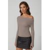 QINSEN Womens Asymmetrical Neck Sweater Slim Fit Long Sleeve Knit Pullover Top(Khaki)