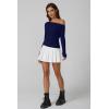 QINSEN Womens Asymmetrical Neck Sweater Slim Fit Long Sleeve Knit Pullover Top(Navy Blue)
